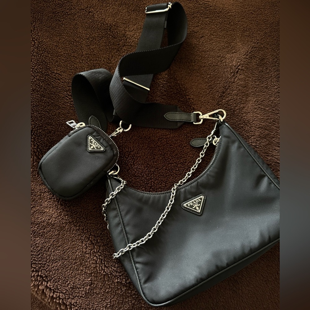 Prada Black Nylon Bag with Silver Chain
